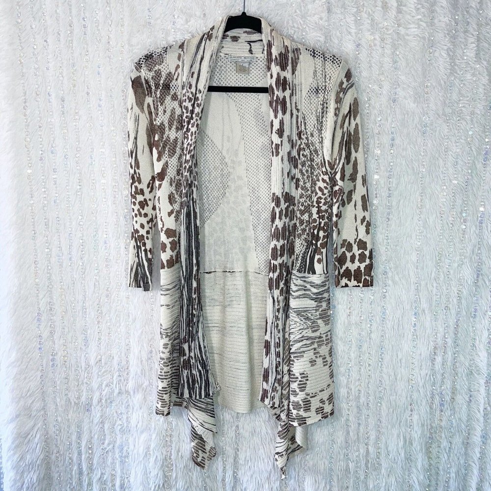 Alberto Makali Open Cardigan Sweater Women’s SMALL Silk Knit Beige Animal Print